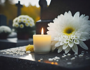 Candle and fresh flower on the grave for All Saints Day