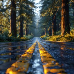 Obraz premium Highway winds through a redwood forest, with giant trees towering over the road