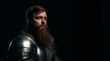 Fototapeta premium Bearded Knight in Medieval Armor Poses Stoically Against Dark Background Generative AI