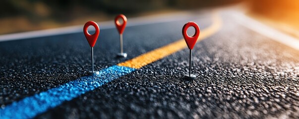 Three red location markers on a textured road surface with a blue line.