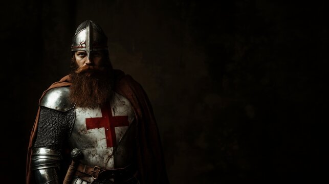 Medieval Knight with Sword in Hand in Dark Background Artistic Photography. Medieval Knight with Sword and Red Cross Emblem Posed Against Dark Background  Generative AI