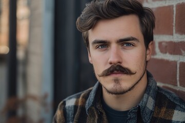 Fototapeta premium Man with styled mustache, looking seriously at camera.