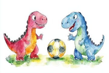 Two playful dinosaurs enjoying a game of soccer on a sunny day.