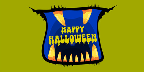 Vector Happy halloween cartoon greeting card with funny zombie monster open mouth with rotten teeth isolated on green background. Vector Halloween poster and flyer with funny orange monster mouth.