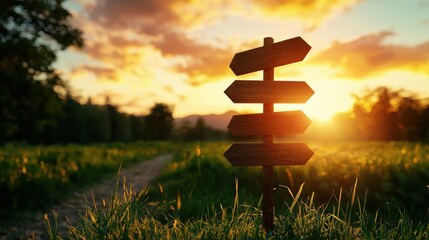 Wooden signpost in a field during a vibrant sunset, guiding towards different paths.
