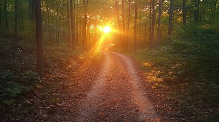Naklejka premium Radiant golden hour sunbeams illuminating a quiet forest path, nature's glow time, peaceful and inspiring landscape, serene atmosphere.