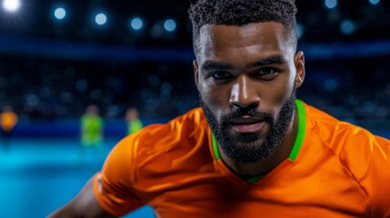 Intense Soccer Player in Bright Orange Jersey