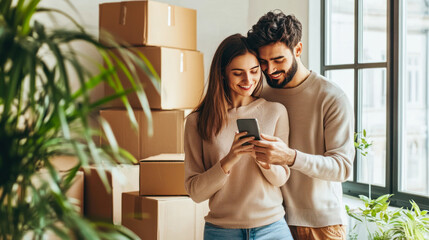happy mixed race couple standing in new apartment against moving boxes, using smart phone. moving, real estate, new, home, relocation, transportation service, movers, delivery, rental