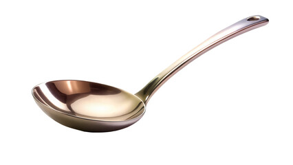 shiny stainless steel ladle rests elegantly on clean white background, showcasing its smooth curves and polished finish, perfect for serving soups and stews