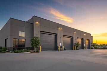 Modern industrial warehouse with large garage doors at sunset