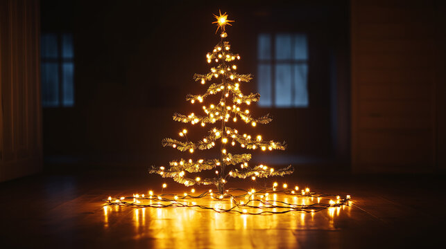 a Christmas tree decorated only with garlands in golden lights in an empty house with the lights off symbolizing moving in during the holidays