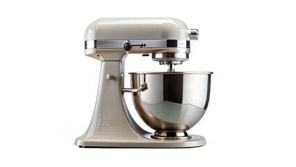 stylish stand mixer on clean white background, perfect for any kitchen. Its sleek design and polished bowl make it essential tool for baking enthusiasts