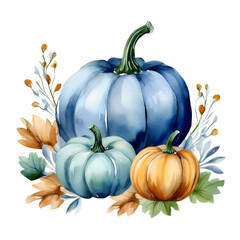 A watercolor illustration of pumpkins peacefully on a pure white background. The overall style is soft and delicate, with gentle, diffused edges, and the colors of the pumpkins are rich and bright