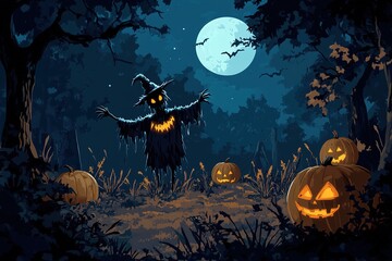 Fototapeta premium Halloween party background, full moon night illustration, Halloween pumpkin ghost, abandoned house, cemetery, bat, scary tree and Halloween elements Scary website Banner template Vector illustration