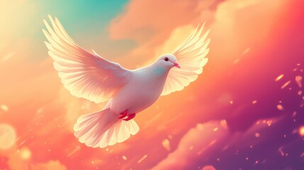 Fototapeta premium A dove flying through the sky, set against a colorful background, perfect for representing peace and optimism.