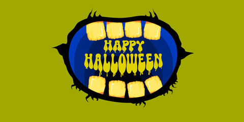 Vector Happy halloween cartoon greeting card with funny zombie monster open mouth with rotten teeth isolated on green background. Vector Halloween poster and flyer with funny orange monster mouth.