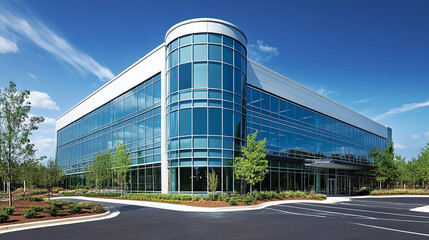 A grey modern office building with reflective glass windows and clean lines