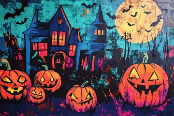 Fototapeta premium Halloween party background, full moon night illustration, Halloween pumpkin ghost, abandoned house, cemetery, bat, scary tree and Halloween elements Scary website Banner template Vector illustration