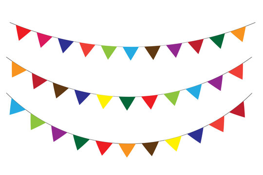 Colorful Party Flags on White Background.  Flat Design. Carnival decorations. Holiday background with hanging triangular colorful flags, Vector illustration isolated.