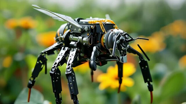 A robotic bee hovers in a colorful garden, suggesting a blend of technology and nature through vivid visuals and dynamic motion