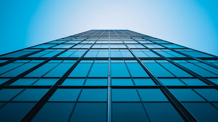 Obraz premium Reflective glass facade of a skyscraper against a blue sky with clouds.