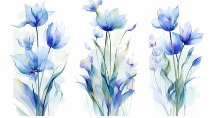 Obraz premium Set of three vertical frames featuring simple and colorful floral designs with blue, purple, and green tulips, lotus leaves, and plant line art.