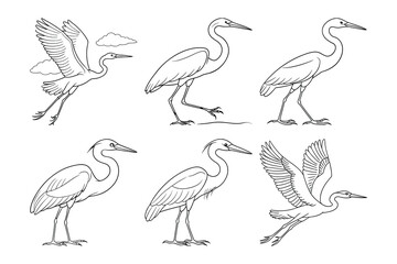Fototapeta premium Vector clip art style heron silhouette bundle set with white background