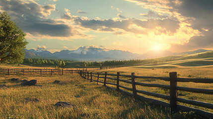 Obraz premium Rustic Wooden Fence Enclosing Meadow at Sunset 
