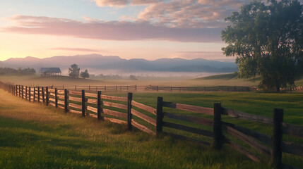Fototapeta premium Rustic Wooden Fence Enclosing Meadow at Sunset 