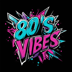 Obraz premium Vintage urban style grunge drawing on black background. Graffiti tagging of 80s vibes. Unisex design print for clothes, music festival, retro party idea. Old nostalgia about 1980s. EPS 10