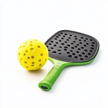 recommend clip art: pickleball paddle next to a pickleball, isolated on white background, with copy space