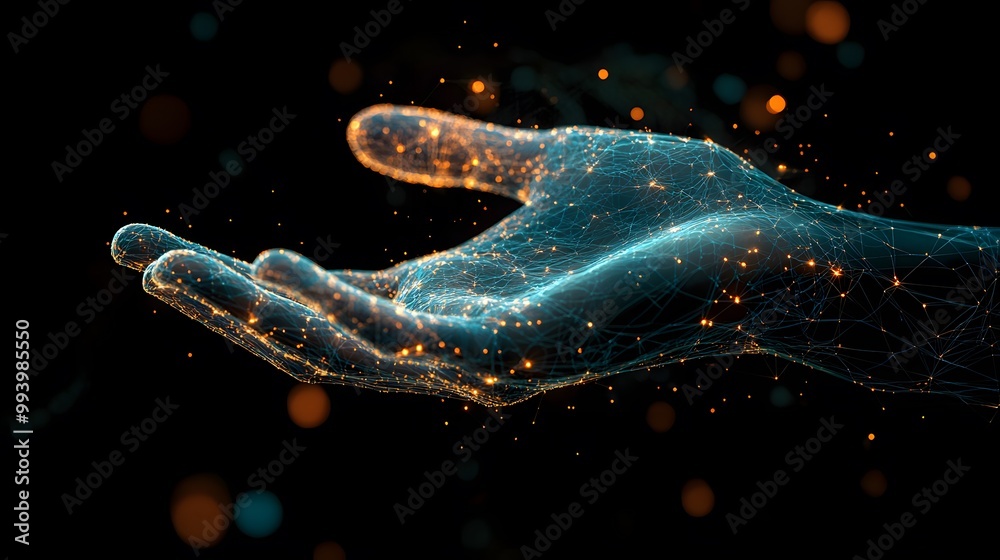 Poster an abstract representation of a hand constructed from a wireframe mesh with glowing nodes
