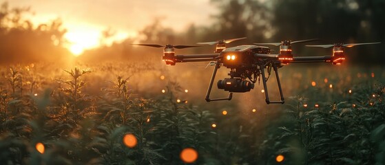 AI-controlled drone spraying crops over a smart farm with a stunning sunset in the background