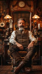 Fototapeta premium Vintage Barbershop Ambiance Featuring Man with Classic Mustache and Antique Tools