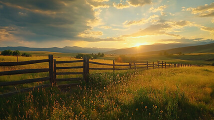 Fototapeta premium A fence in a field with a sun shining through it.
