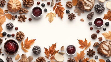 Autumn-themed flat lay with fall leaves, pine cones, jam, and decorative elements for seasonal decoration and culinary inspiration.