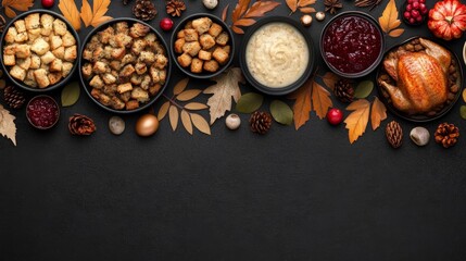 A festive spread of traditional Thanksgiving dishes featuring turkey, stuffing, and cranberry sauce over autumn leaves.