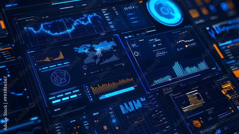 Poster futuristic interface with data visualizations and charts