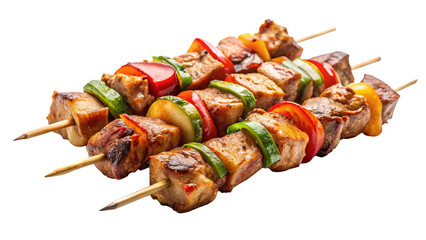 Delicious skewers for BBQ featuring marinated meat and colorful vegetables, perfect for grilling and outdoor gatherings. Enjoy vibrant flavors!
