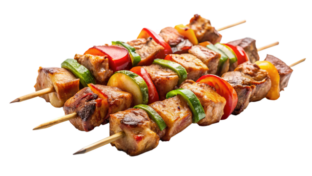 Delicious skewers for BBQ featuring marinated meat and colorful vegetables, perfect for grilling and outdoor gatherings. Enjoy vibrant flavors!