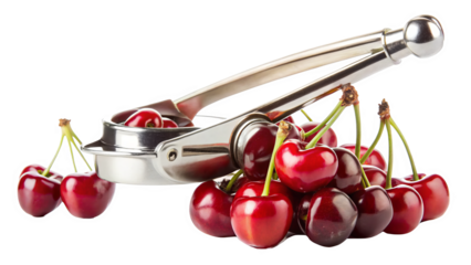 cherry pitter rests on pile of fresh, ripe cherries, showcasing its shiny metal design. This tool is essential for easily removing pits, making cherry preparation effortless and enjoyable