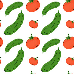 Colorful pattern featuring cucumbers and tomatoes on a white background for decorative use