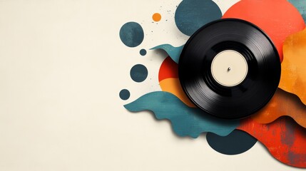 A vibrant artistic composition featuring a vinyl record and colorful abstract shapes creating a lively musical atmosphere.