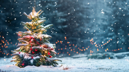 Christmas tree with snow, decorated with garlands in a night fairy forest. Christmas greeting card.