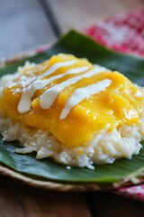 Close-up of Mango Sticky Rice with Coconut Milk on a Banana Leaf.