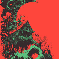 Haunted house overgrown with plants and dark red moon backdrop