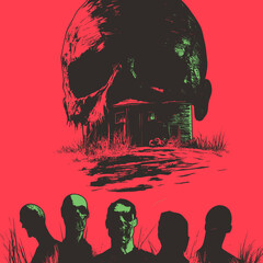 Giant skull looming over haunted house with dark silhouettes