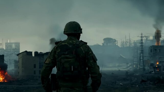 A soldier in a dirty uniform looks at destroyed burning houses. The soldier's eyes scan the horizon, his jaw set with unwavering resolve.