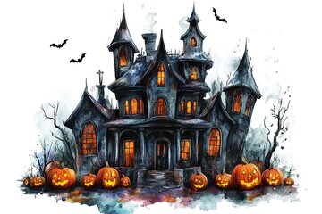 Fototapeta premium Halloween party background, full moon night illustration, Halloween pumpkin ghost, abandoned house, cemetery, bat, scary tree and Halloween elements Scary website Banner template Vector illustration