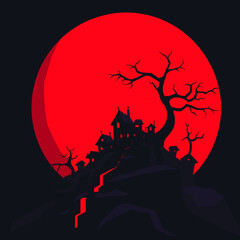 Silhouette of haunted houses on a cliff with a giant red moon